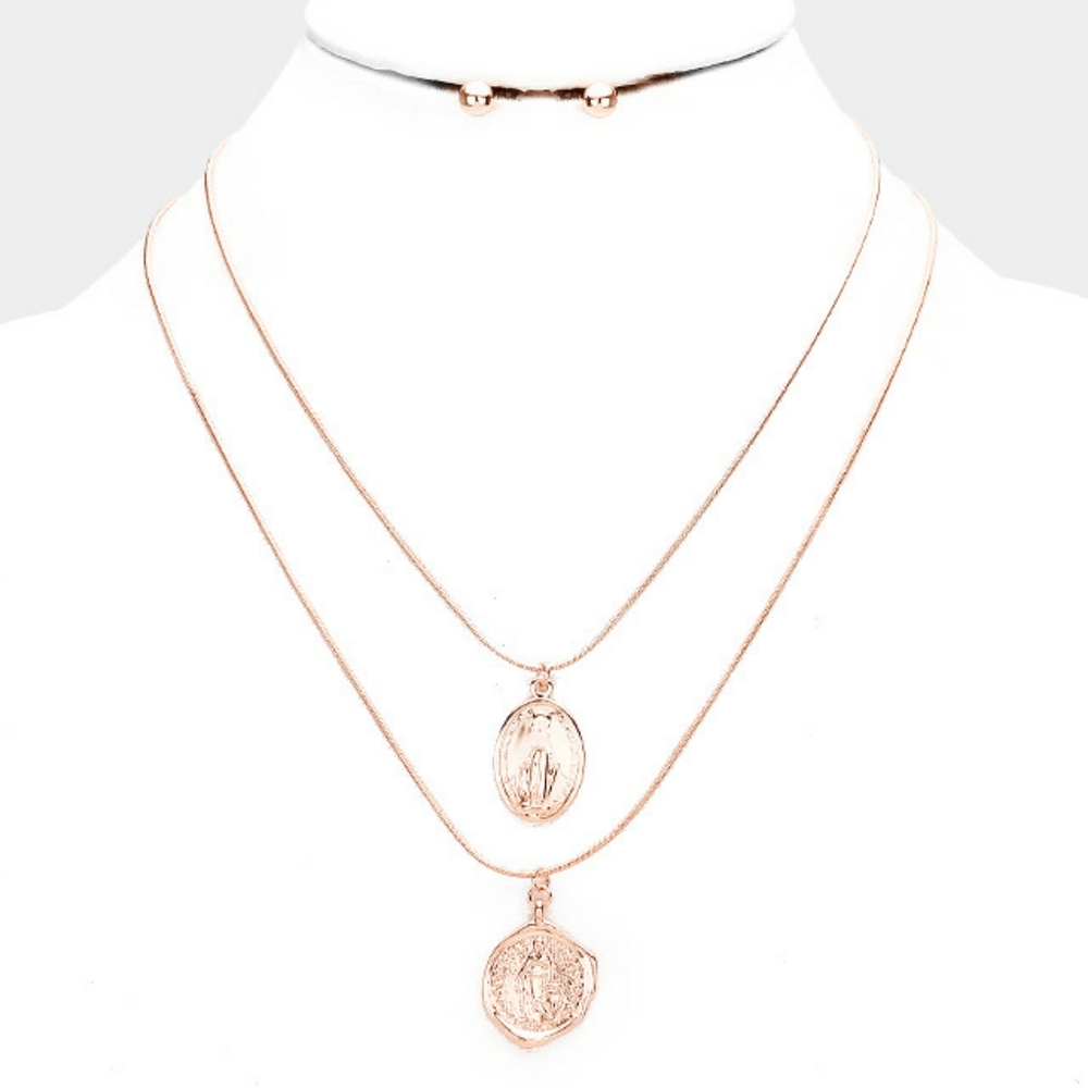 Rose Gold Layered Saint Mary Pendant Chain Set Religious Statement Jewelry Coin